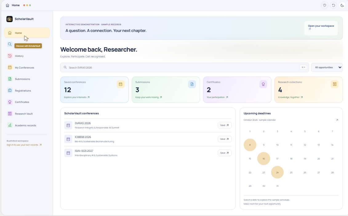 ScholarVault illustrated researcher dashboard
